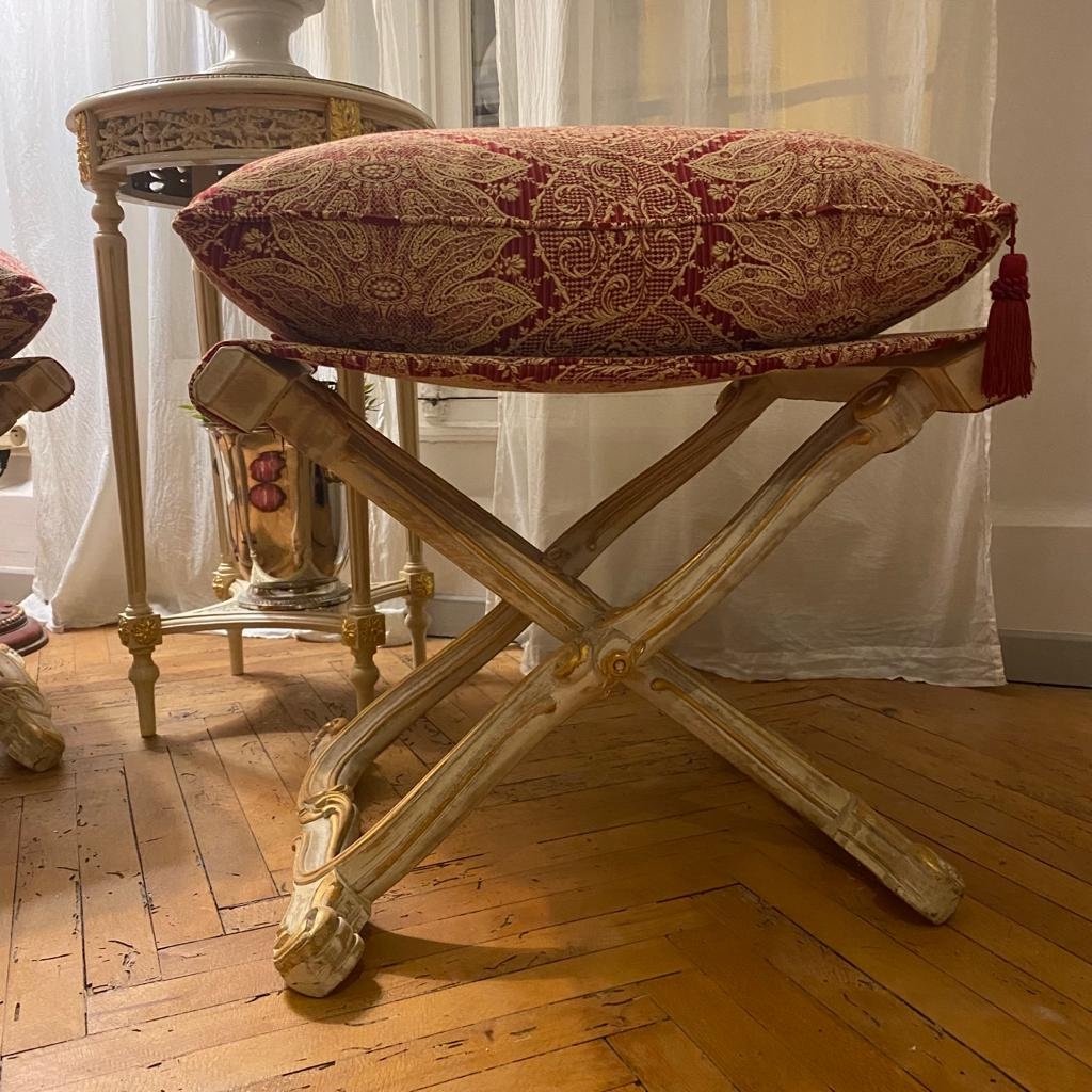 Pair Of Stools In X Said Folding Louis XV Style In Lacquered And Gilded Wood XX I-photo-2