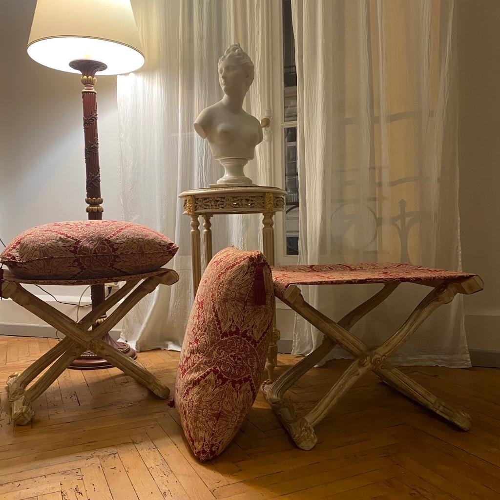 Pair Of Stools In X Said Folding Louis XV Style In Lacquered And Gilded Wood XX I-photo-3