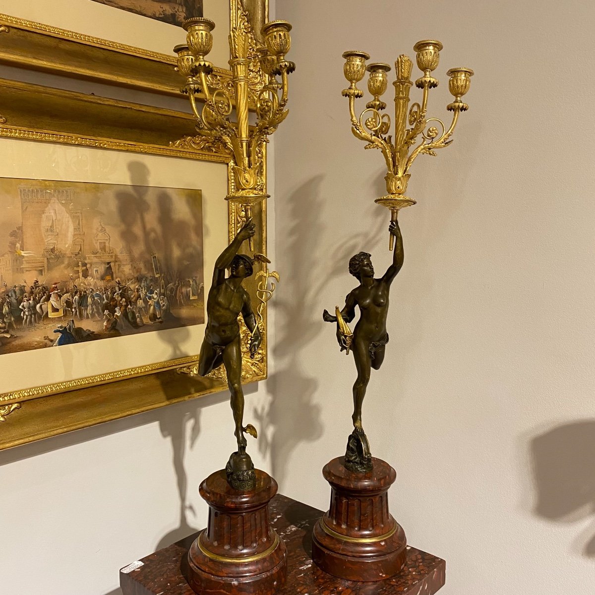 Pair Of Bronze Candlesticks "hermès And Diane" On Marble Base XIX Ieme-photo-7