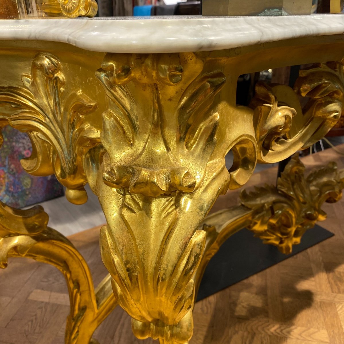 Grande Console à 4 pieds De Style Louis XV En Bois Doré Début XX Ieme -photo-3