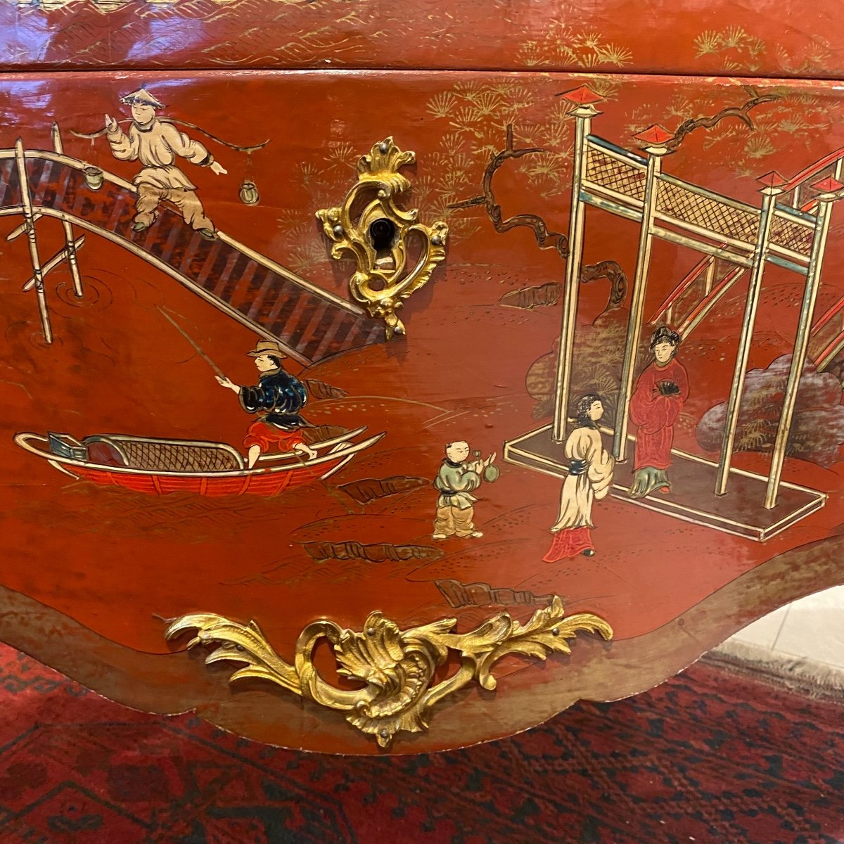 Louis XV Commode In Red Chinese Lacquer End XIX Ieme-photo-5