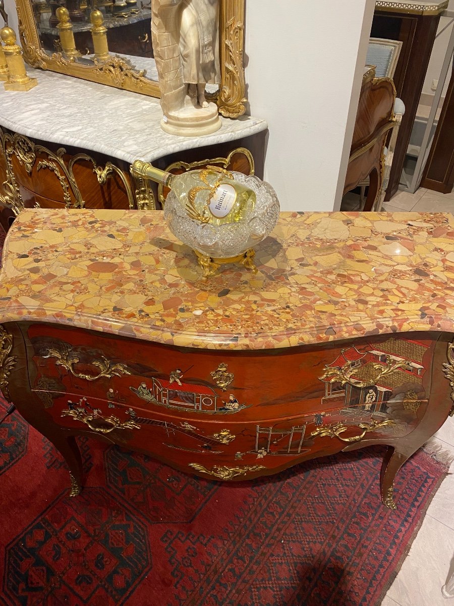 Louis XV Commode In Red Chinese Lacquer End XIX Ieme-photo-7