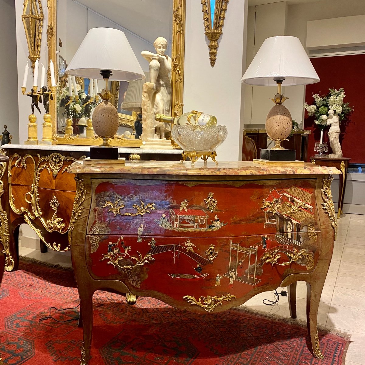 Louis XV Commode In Red Chinese Lacquer End XIX Ieme-photo-8