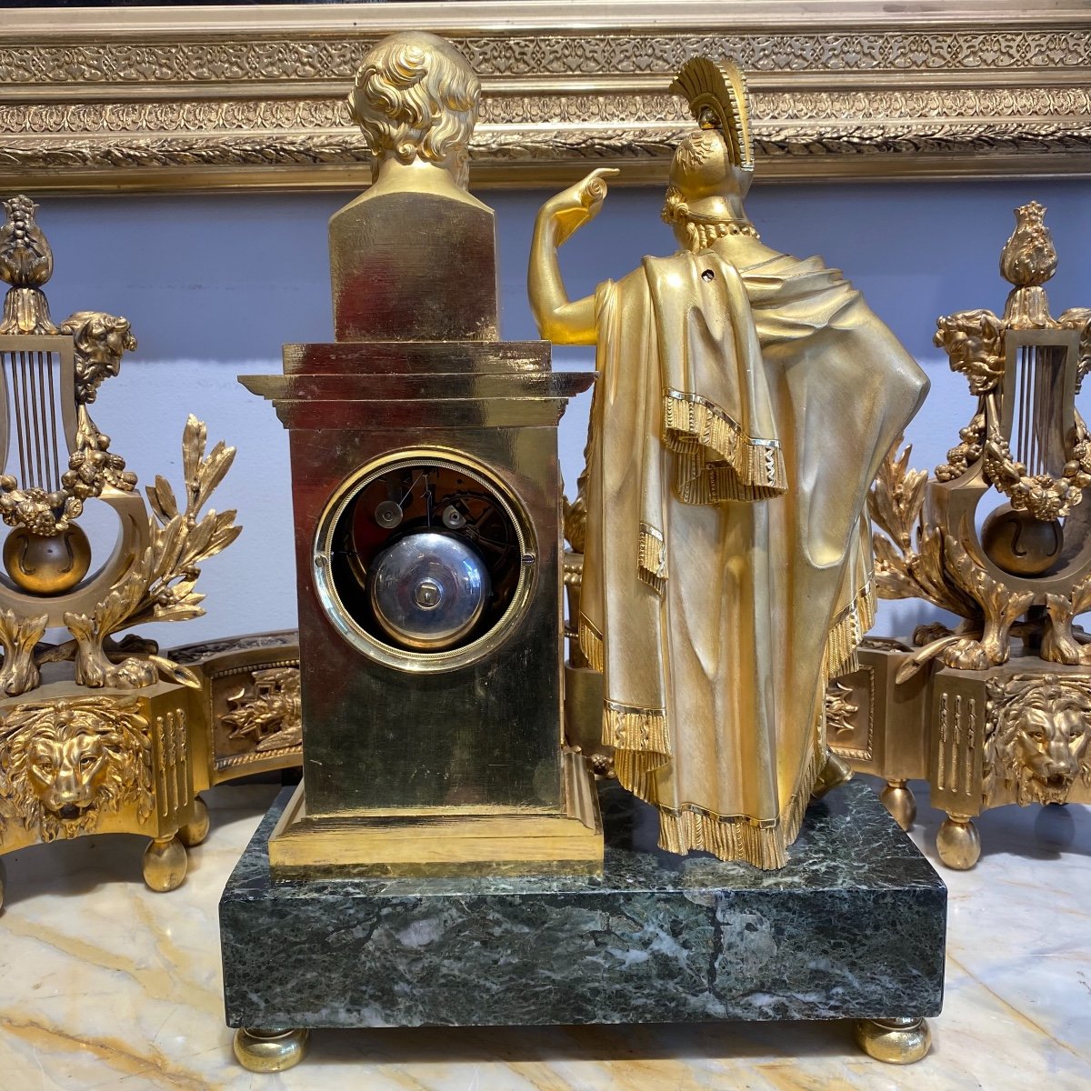 Pendulum 1 And Empire "alcibiades And Socrates" In Gilt Bronze And Green Marble From Legendre-photo-2