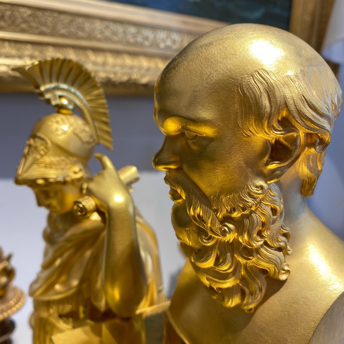 Pendulum 1 And Empire "alcibiades And Socrates" In Gilt Bronze And Green Marble From Legendre-photo-4