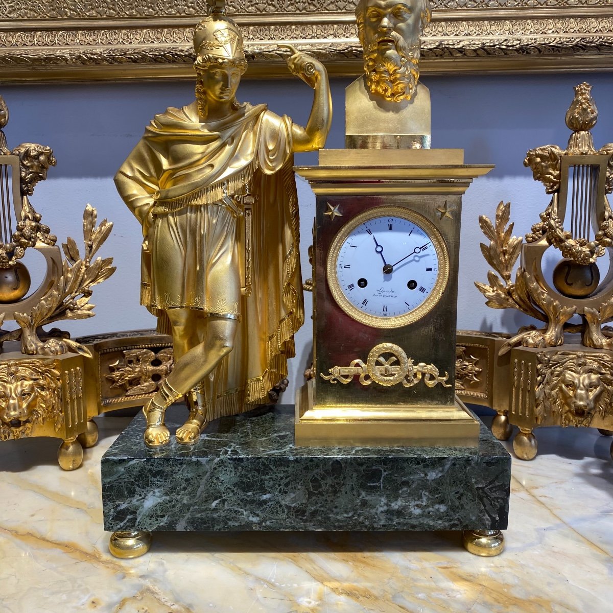 Pendulum 1 And Empire "alcibiades And Socrates" In Gilt Bronze And Green Marble From Legendre-photo-7