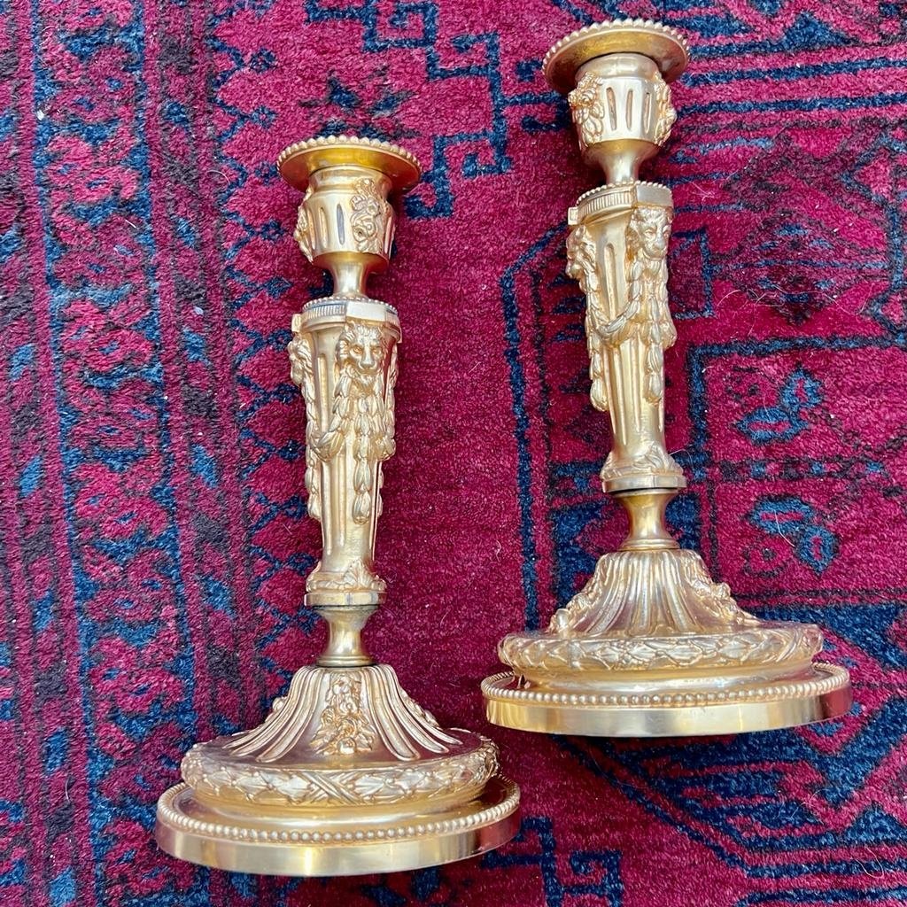 Pair Of Candlesticks In Dore Bronze Model With Heads Of Lions XIX Ieme-photo-3