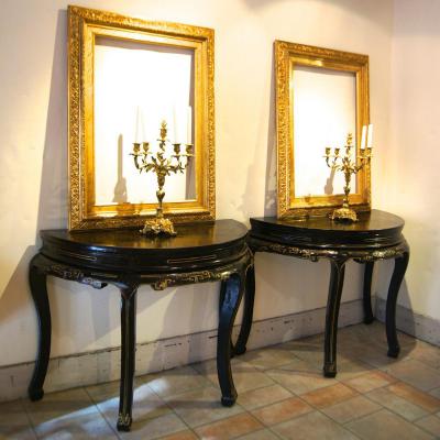 Pair Consoles 4 Feet, Black Lacquer, And Forms Middle Table