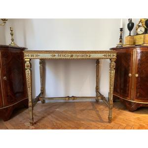 Table De Millieu Ou Bureau De Style Louis XVI En Bois Laqué Et Doré époque XIX Ieme 