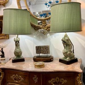 Pair Of Celadon Porcelain Lamps With Fö Dog Decor Early 20th Century