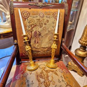 Pair Of Empire Period And Return Of Egypt Style Candlesticks In Gilt Bronze, Circa 1810