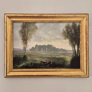 Paysage Aux Vaches, Signé Eugène Capelle, Huile Sur Toile, 1881, 19ème Siècle