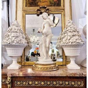 Carrara Marble Sculpture Of A Young Woman With A Bouquet, 19th Century, Signed Cupiny