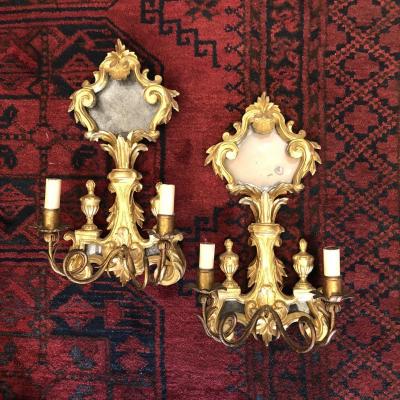 Pair Of Wall Sconces In Golden Glazed Wood Transition Style Late Nineteenth Ieme