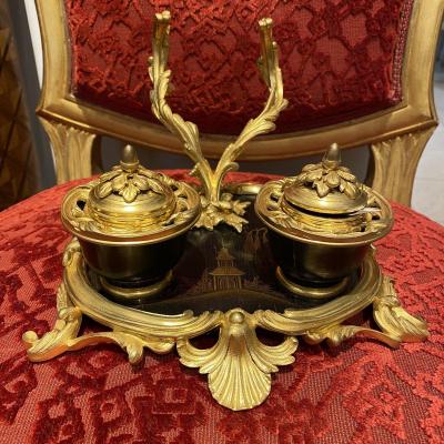 Louis XV Style Inkwell By Francois Linke In Gilt Bronze And Chinese Lacquer XIX Ieme