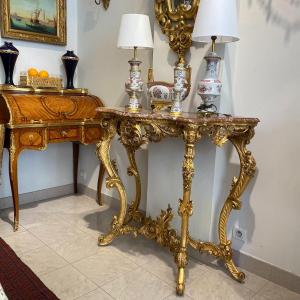Louis XV Console In Golden Wood Has 4 Feet Top Marble XIX Ieme