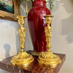 Pair Of Candlesticks In Dore Bronze Model With Heads Of Lions XIX Ieme