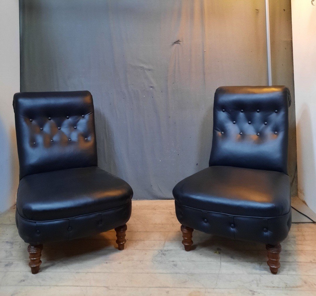 Pair Of Black Padded Armchairs-photo-2