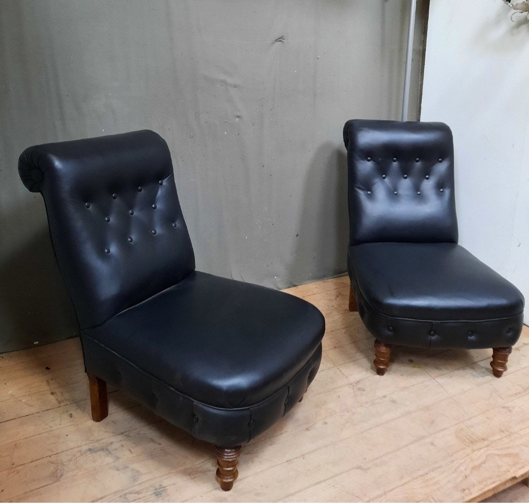 Pair Of Black Padded Armchairs-photo-3