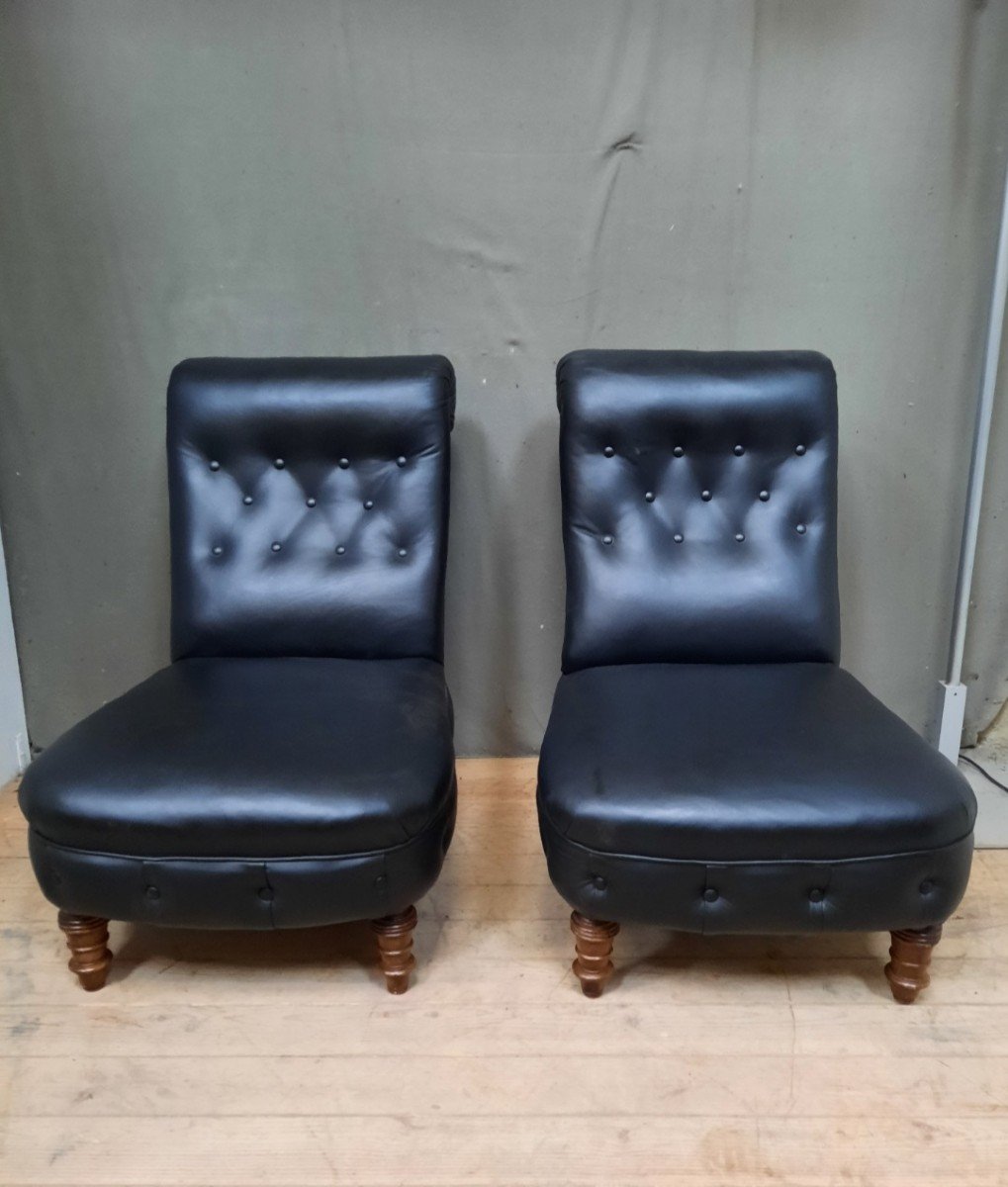 Pair Of Black Padded Armchairs-photo-4