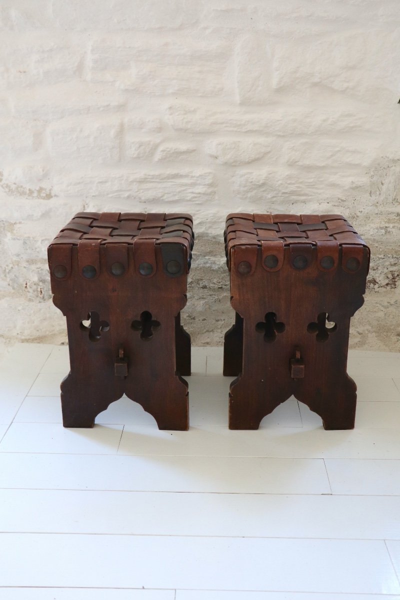  Pair Of XX  French Brutalist Design Wood And Leather Stools -photo-3