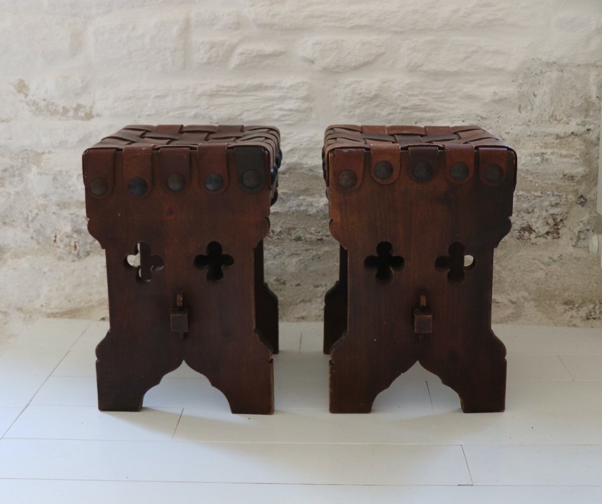  Pair Of XX  French Brutalist Design Wood And Leather Stools -photo-1