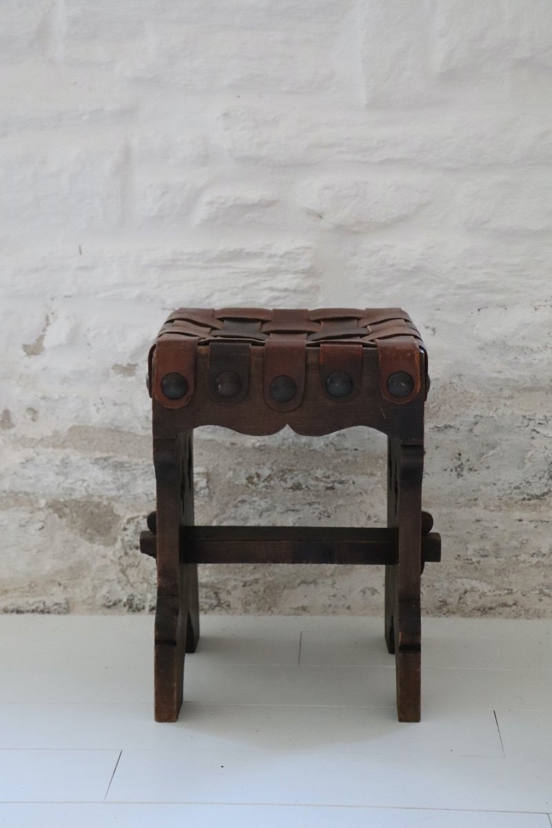  Pair Of XX  French Brutalist Design Wood And Leather Stools -photo-3