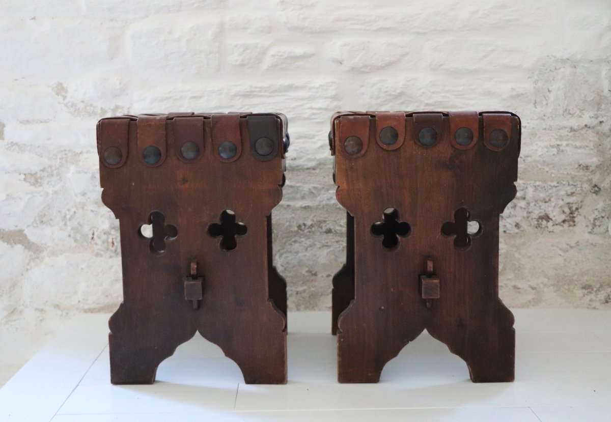  Pair Of XX  French Brutalist Design Wood And Leather Stools -photo-4