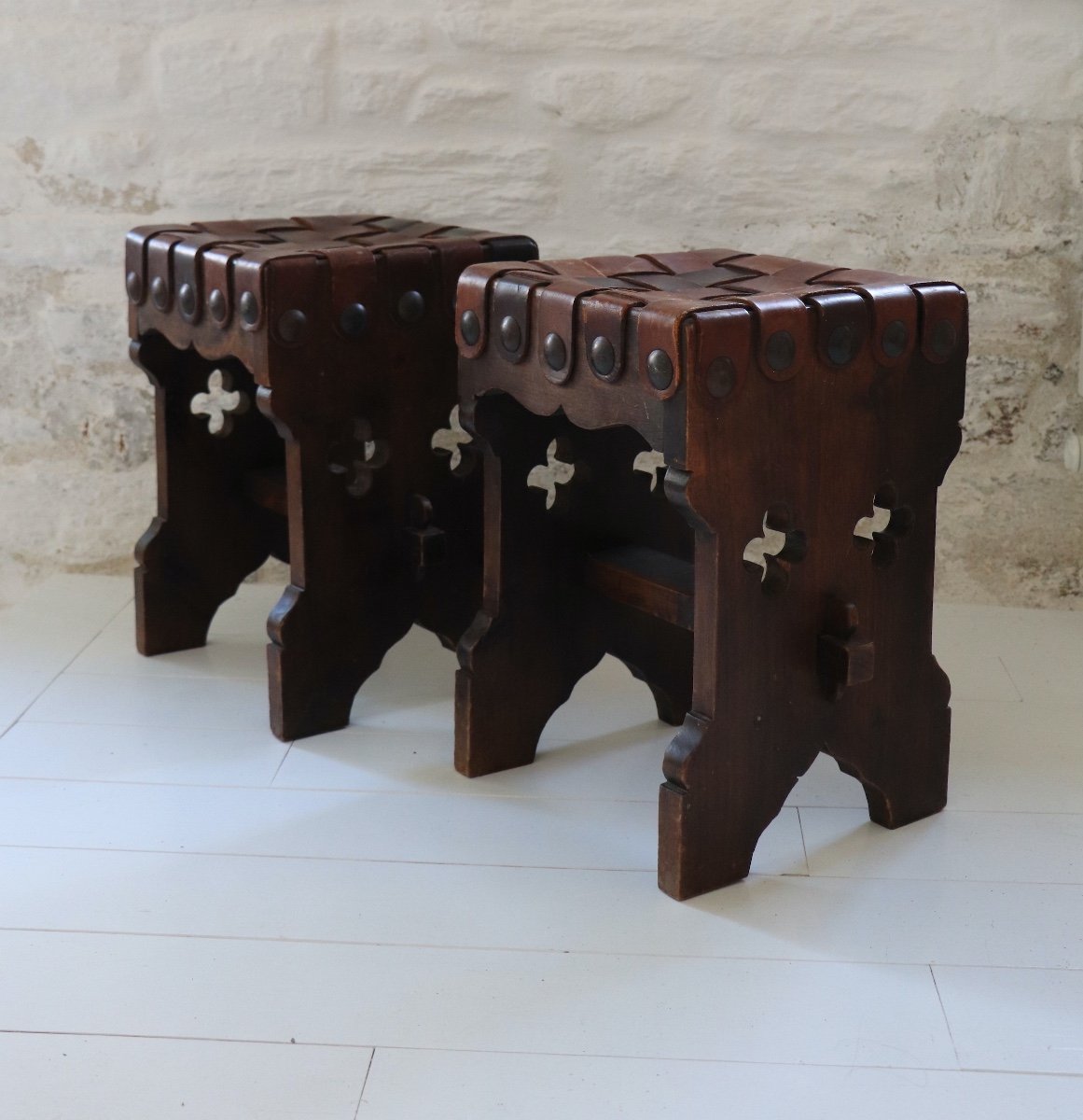  Pair Of XX  French Brutalist Design Wood And Leather Stools 