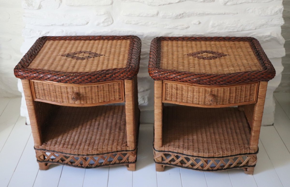 Pair Of Wicker Bedside Tables End Tables Vivai Del Sud Design XX Italy-photo-2