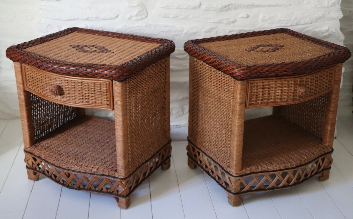 Pair Of Wicker Bedside Tables End Tables Vivai Del Sud Design XX Italy-photo-3