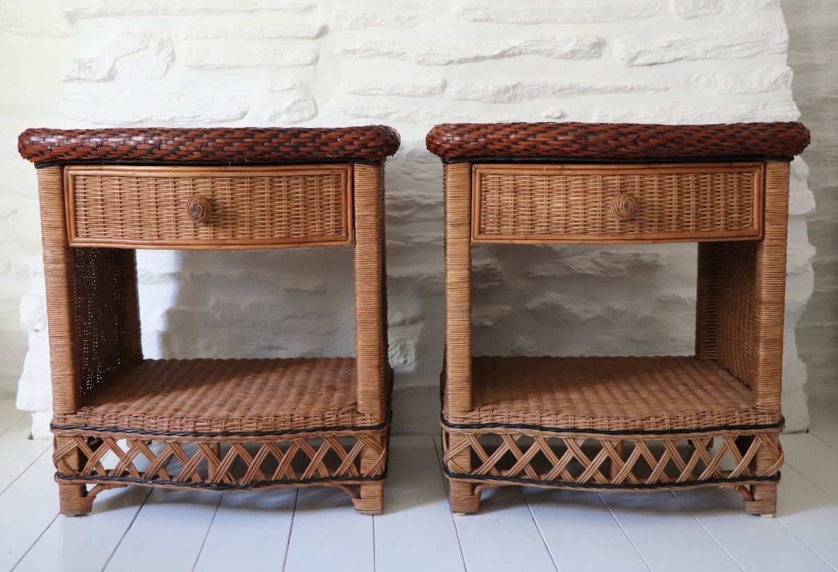 Pair Of Wicker Bedside Tables End Tables Vivai Del Sud Design XX Italy