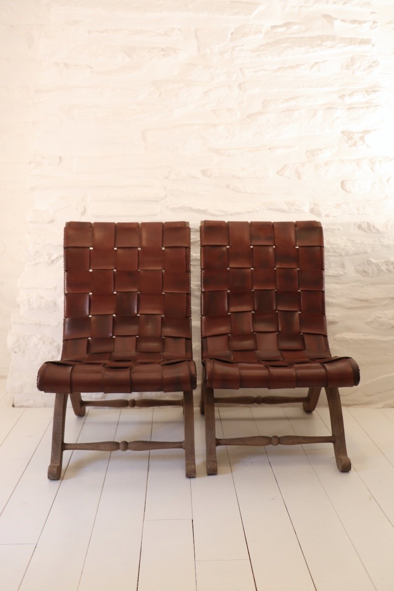 Paire De Fauteuils Pierre Lottier Design XX Cuir -photo-1