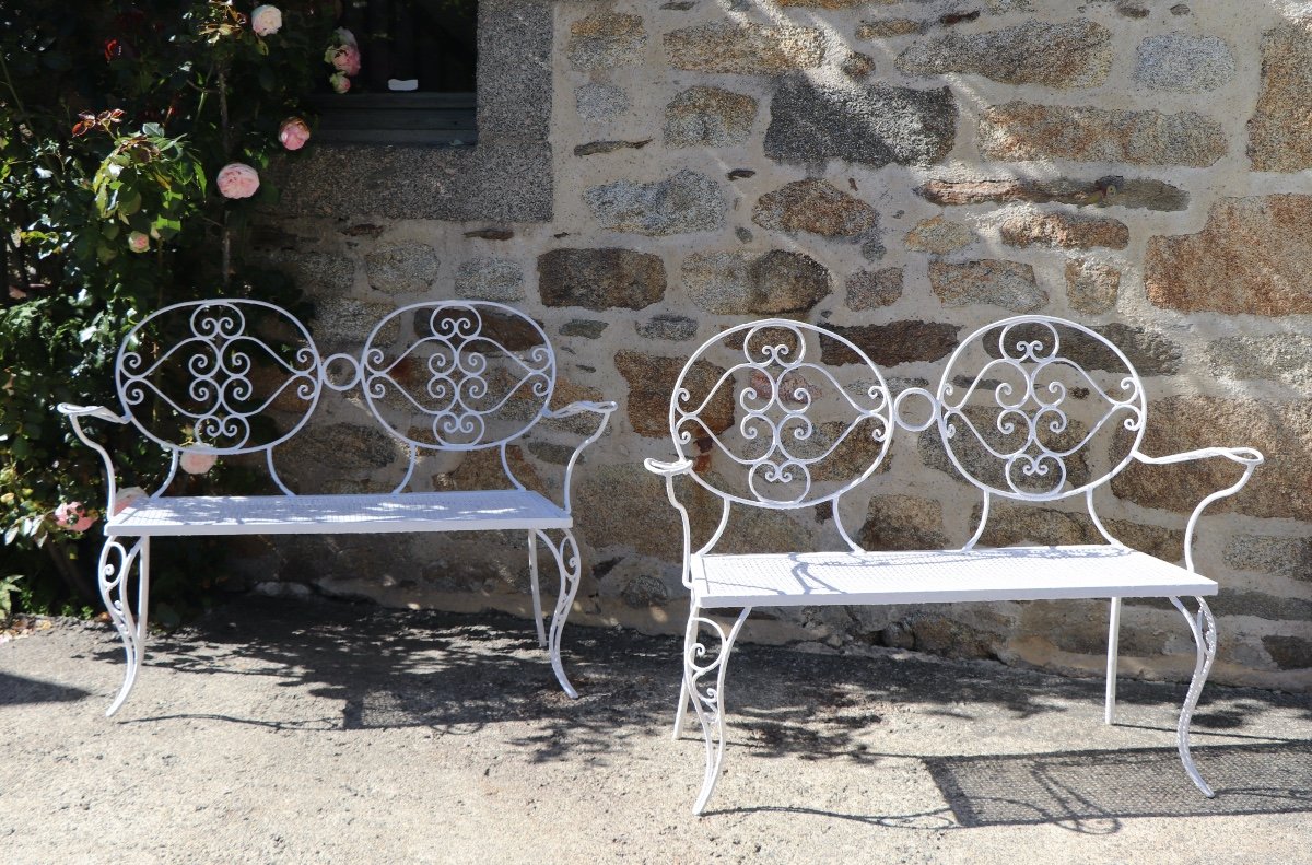 Paire De Bancs De Jardin En Fer Forgé - 1900