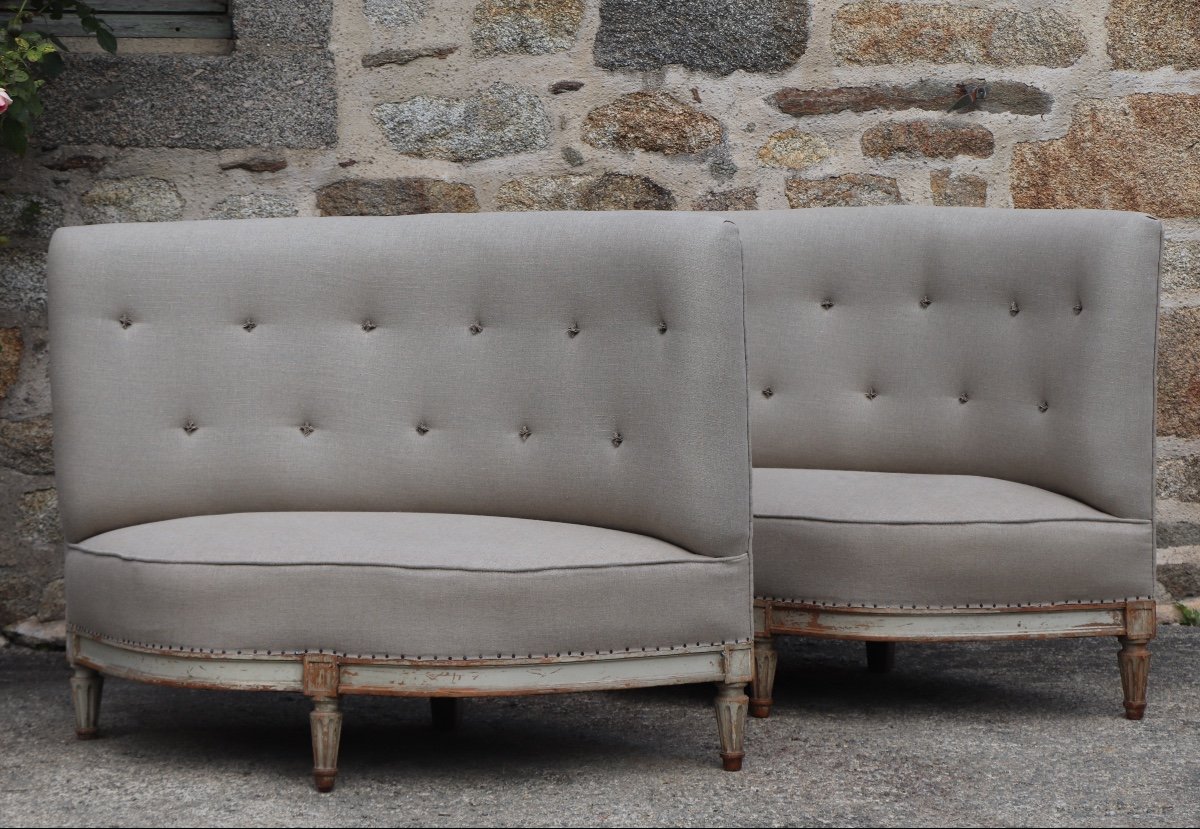 Pair Of Napoleon III Corner Sofas Re-upholstered In French Linen-photo-2