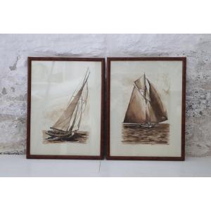 Pair Of Watercolor Washes Sailing Ships Francis Kulhen - French Artist 