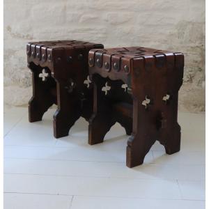  Pair Of XX  French Brutalist Design Wood And Leather Stools 