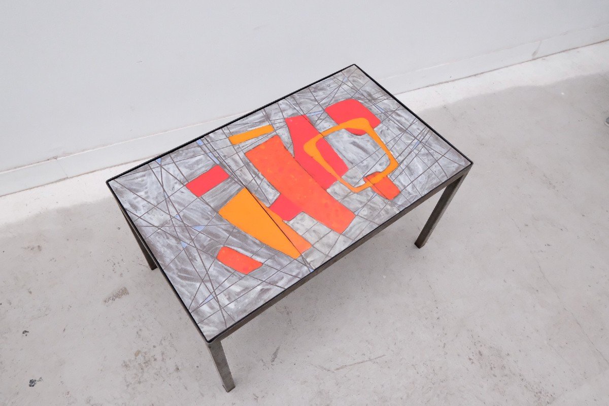 Table Basse De Robert Et Jean Cloutier En Pierre De Lave émaillé Et Métal, 1960  -photo-3