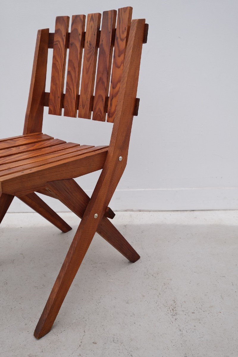 Pair Of Solid Pine Dejou Chairs, France 1950s -photo-3