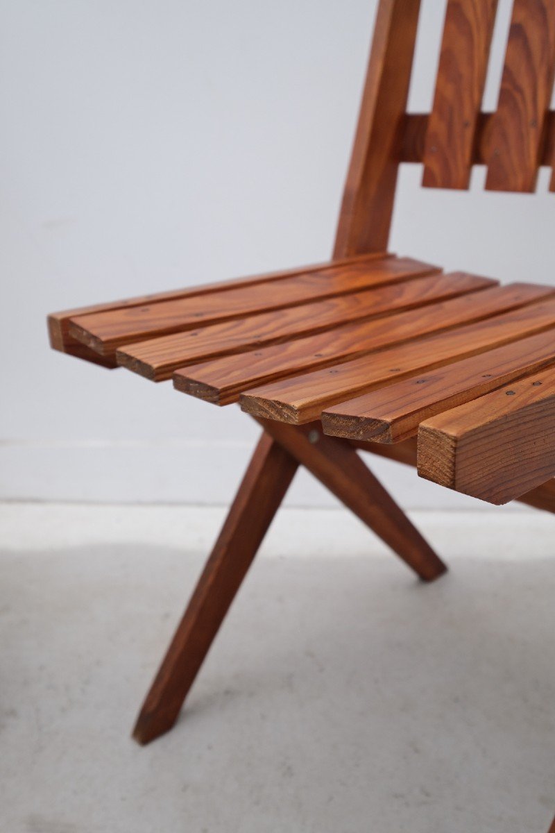 Pair Of Solid Pine Dejou Chairs, France 1950s -photo-4