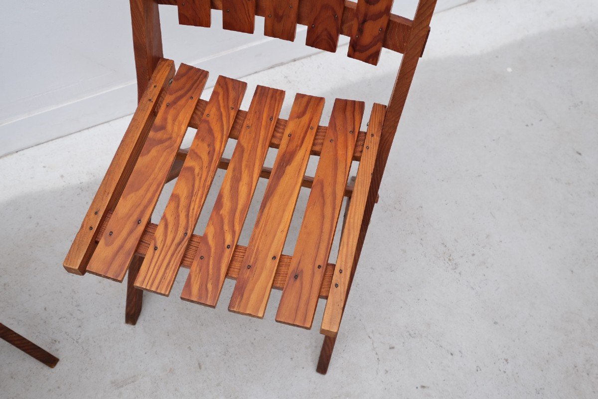 Pair Of Solid Pine Dejou Chairs, France 1950s -photo-2