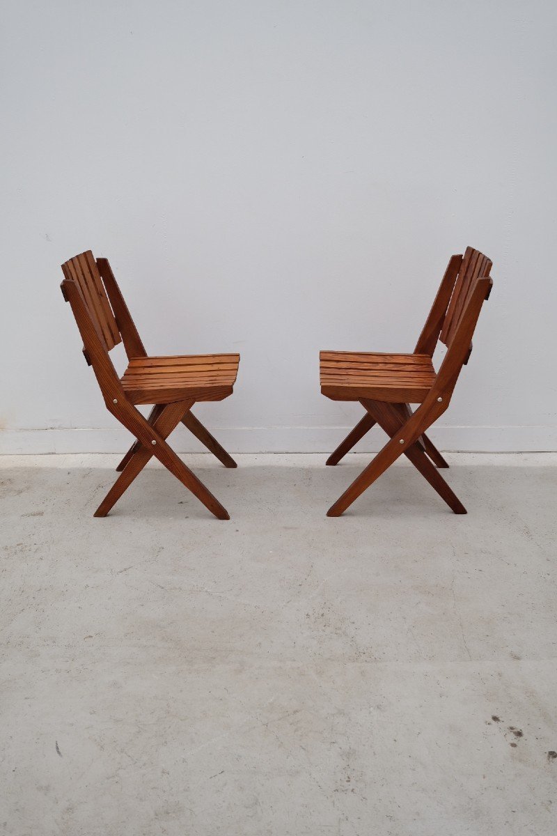 Pair Of Solid Pine Dejou Chairs, France 1950s -photo-4