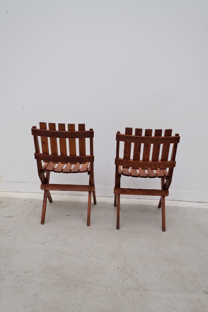 Pair Of Solid Pine Dejou Chairs, France 1950s -photo-5