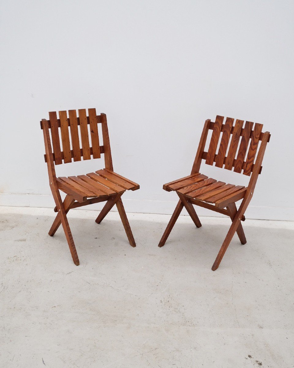 Pair Of Solid Pine Dejou Chairs, France 1950s 