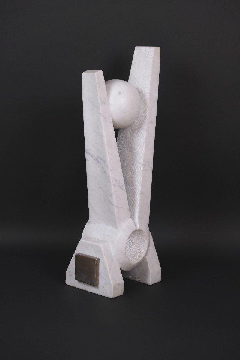 Carrara Marble And Steel Sculpture “new Europe” By Hugo Verheyen, 1980-photo-3