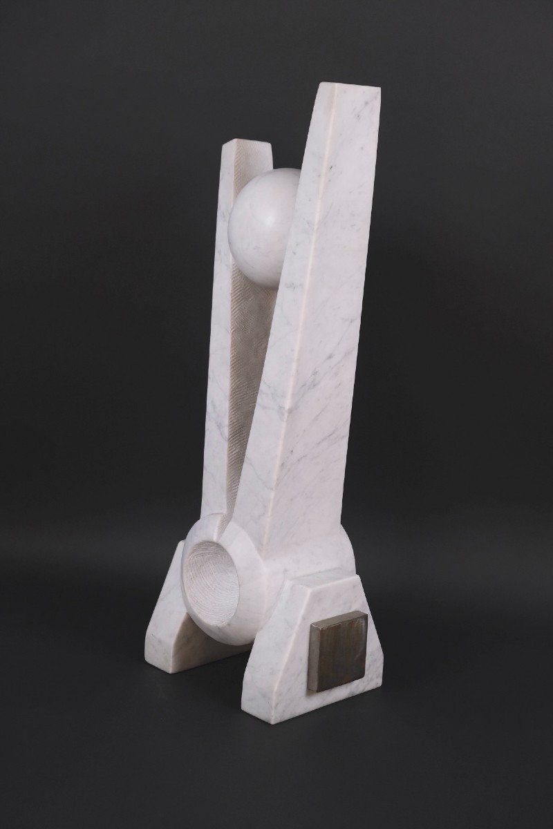 Carrara Marble And Steel Sculpture “new Europe” By Hugo Verheyen, 1980-photo-4