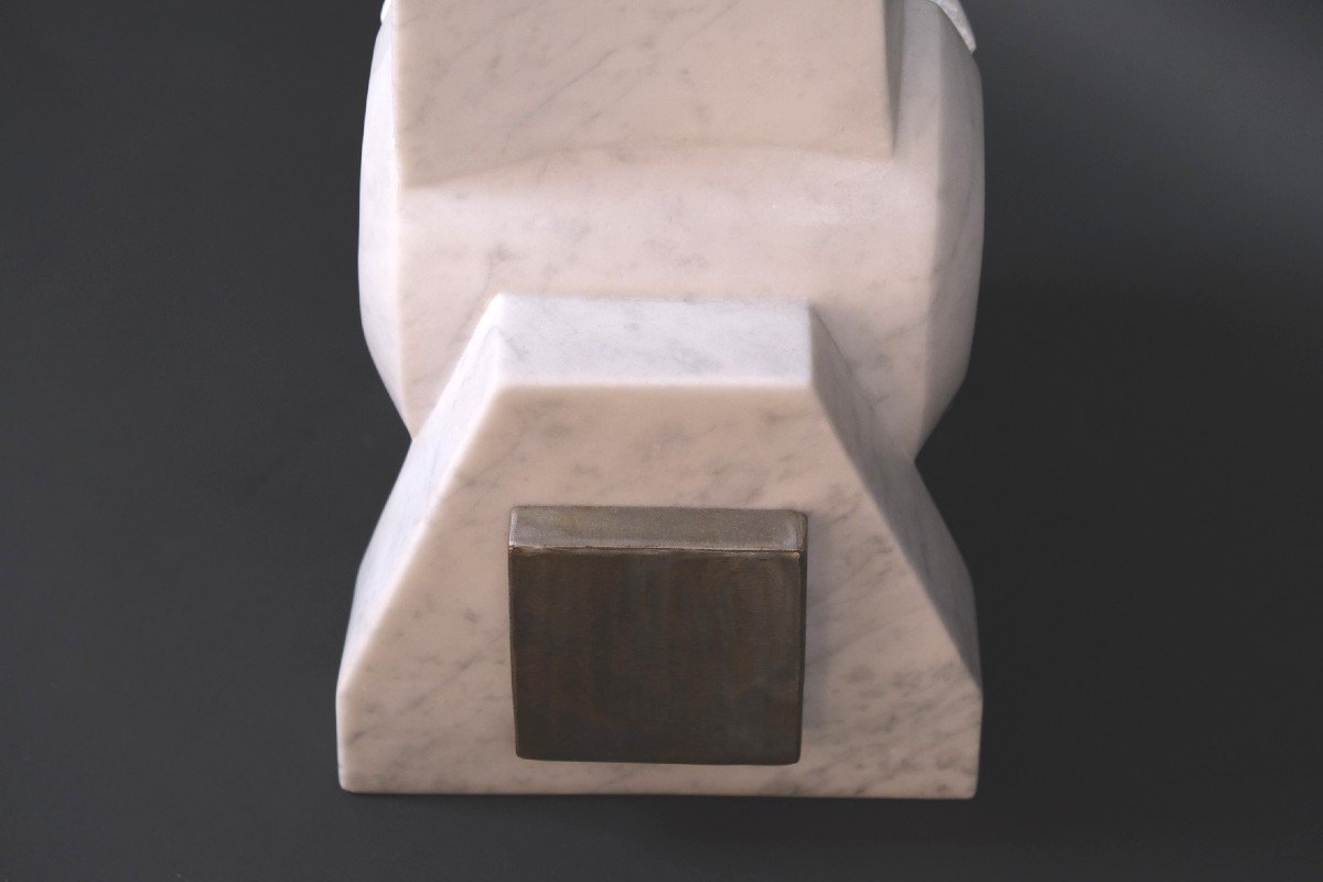 Carrara Marble And Steel Sculpture “new Europe” By Hugo Verheyen, 1980-photo-2