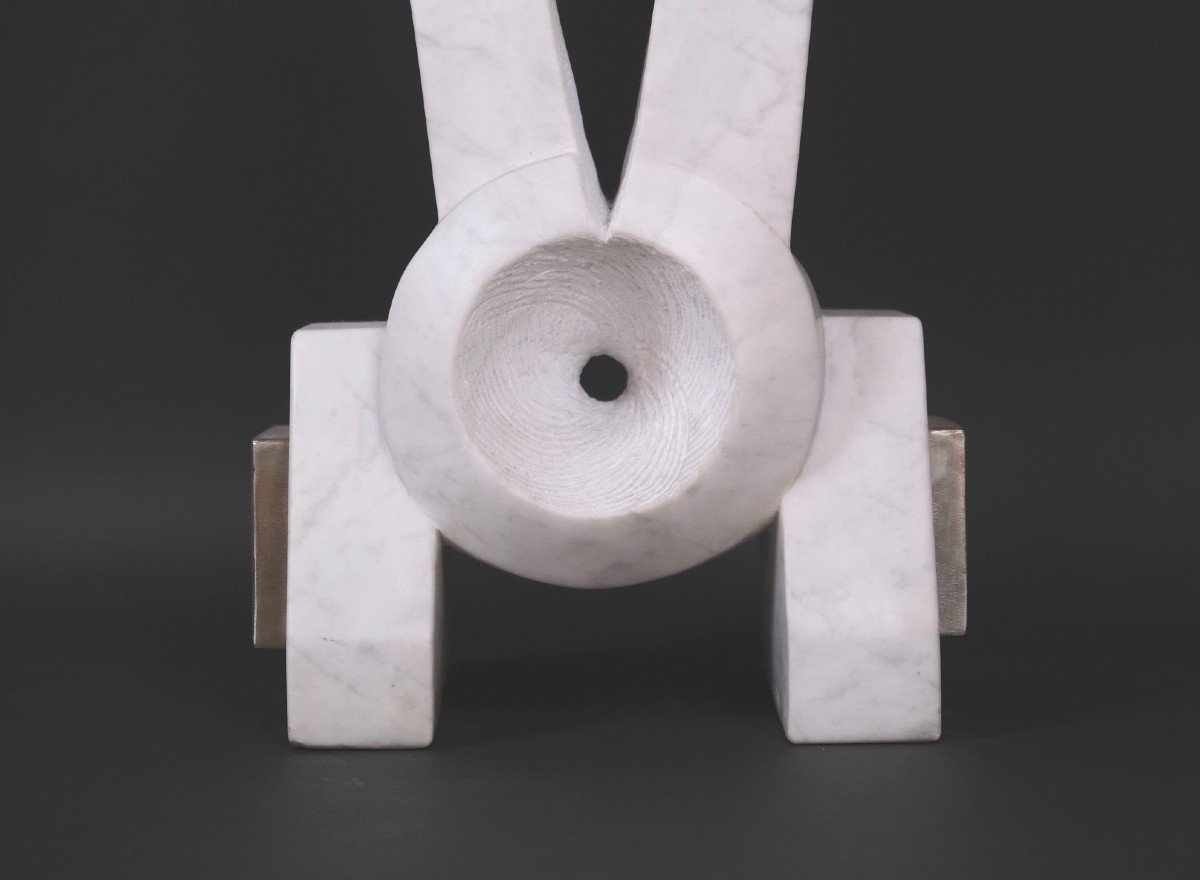 Carrara Marble And Steel Sculpture “new Europe” By Hugo Verheyen, 1980-photo-4