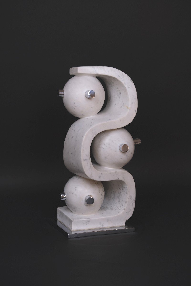 Carrara Marble And Chromed Metal Sculpture “incomprehension I” By Hugo Verheyen, 1970-photo-2