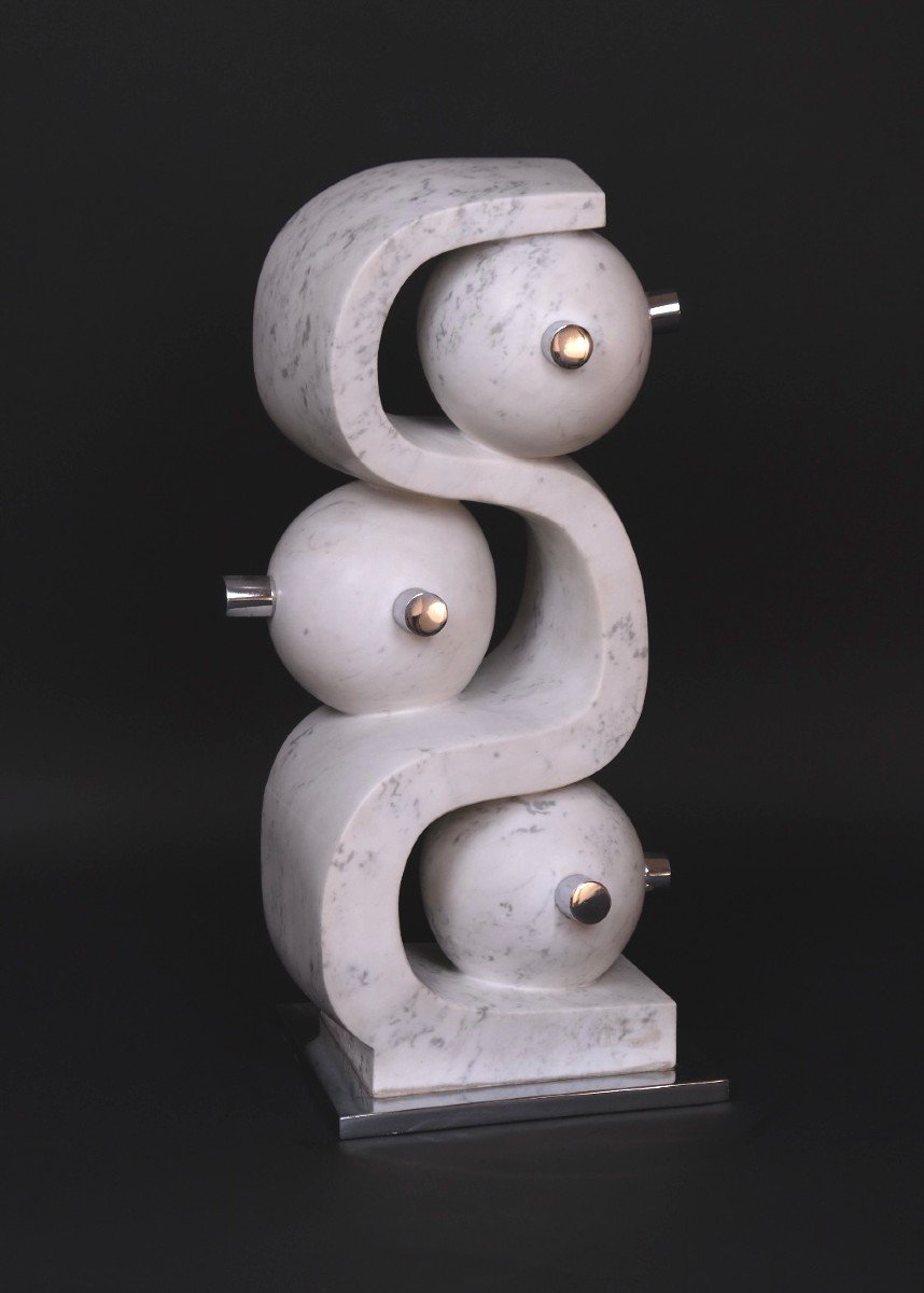 Carrara Marble And Chromed Metal Sculpture “incomprehension I” By Hugo Verheyen, 1970